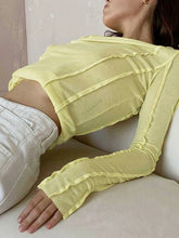 White O-Neck Yellow Long Sleeve Fall Slim Elastic Solid Crop Tops